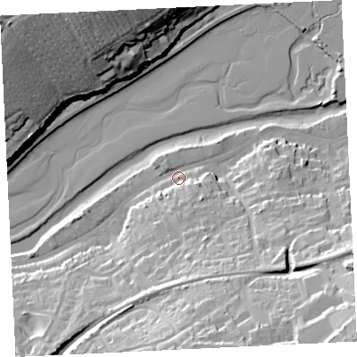 Shaded relief map of the ground around TR274DH, computed from Environment Agency LiDAR. The ground here sits at about 6 m above sea level and falls 41 m across the surrounding 800 m. Surface water reaching this point runs off ground lying to the south-south-east, 8.9 m higher.