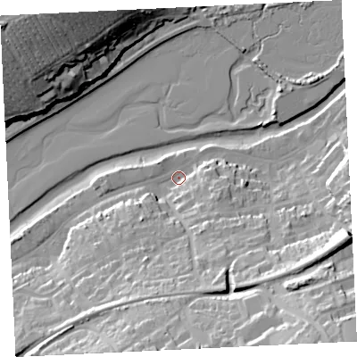 Shaded relief map of the ground around TR274DJ, computed from Environment Agency LiDAR. The ground here sits at about 4 m above sea level and falls 40 m across the surrounding 800 m. Surface water reaching this point runs off ground lying to the south-south-east, 20.1 m higher.