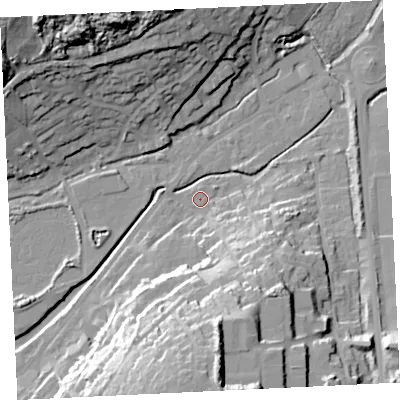 Shaded relief map of the ground around TR274DS, computed from Environment Agency LiDAR. The ground here sits at about 4 m above sea level and falls 40 m across the surrounding 800 m. Surface water reaching this point runs off ground lying to the south, 36.4 m higher.