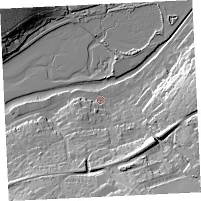 Shaded relief map of the ground around TR274DX, computed from Environment Agency LiDAR. The ground here sits at about 4 m above sea level and falls 39 m across the surrounding 800 m. Surface water reaching this point runs off ground lying to the south-south-east, 35.2 m higher.