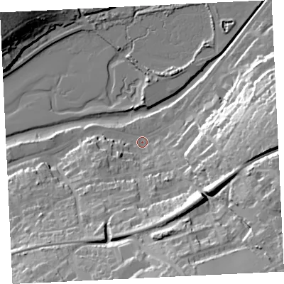 Shaded relief map of the ground around TR274DY, computed from Environment Agency LiDAR. The ground here sits at about 4 m above sea level and falls 39 m across the surrounding 800 m. Surface water reaching this point runs off ground lying to the east-south-east, 35.5 m higher.