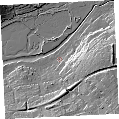 Shaded relief map of the ground around TR274EA, computed from Environment Agency LiDAR. The ground here sits at about 5 m above sea level and falls 45 m across the surrounding 800 m. Surface water reaching this point runs off ground lying to the east, 32.0 m higher.