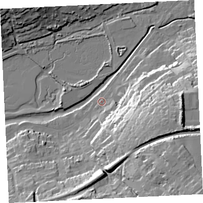 Shaded relief map of the ground around TR274EB, computed from Environment Agency LiDAR. The ground here sits at about 6 m above sea level and falls 46 m across the surrounding 800 m. Surface water reaching this point runs off ground lying to the east-south-east, 31.6 m higher.