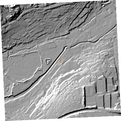 Shaded relief map of the ground around TR274EE, computed from Environment Agency LiDAR. The ground here sits at about 5 m above sea level and falls 41 m across the surrounding 800 m. Surface water reaching this point runs off ground lying to the south-south-east, 34.8 m higher.