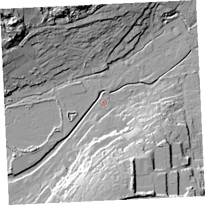 Shaded relief map of the ground around TR274EF, computed from Environment Agency LiDAR. The ground here sits at about 5 m above sea level and falls 44 m across the surrounding 800 m. Surface water reaching this point runs off ground lying to the north-north-west, 36.8 m higher.