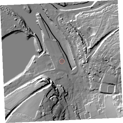 Shaded relief map of the ground around TR274EP, computed from Environment Agency LiDAR. The ground here sits at about 6 m above sea level and falls 32 m across the surrounding 800 m. Surface water reaching this point runs off ground lying to the south-west, 1.9 m higher.