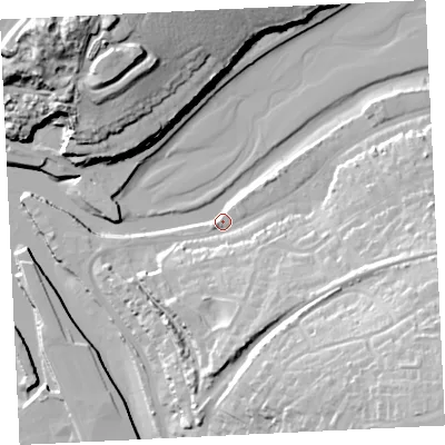 Shaded relief map of the ground around TR274FN, computed from Environment Agency LiDAR. The ground here sits at about 5 m above sea level and falls 43 m across the surrounding 800 m. Surface water reaching this point runs off ground lying to the east, 21.6 m higher.
