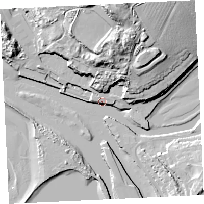 Shaded relief map of the ground around TR274FU, computed from Environment Agency LiDAR. The ground here sits at about 7 m above sea level and falls 48 m across the surrounding 800 m. Surface water reaching this point runs off ground lying to the north-north-east, 38.1 m higher.