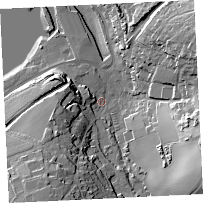 Shaded relief map of the ground around TR274HA, computed from Environment Agency LiDAR. The ground here sits at about 5 m above sea level and falls 38 m across the surrounding 800 m. Surface water reaching this point runs off ground lying to the east-south-east, 33.1 m higher.