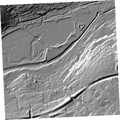 Shaded relief map of the ground around TR274HE, computed from Environment Agency LiDAR. The ground here sits at about 4 m above sea level and falls 43 m across the surrounding 800 m. Surface water reaching this point runs off ground lying to the east-south-east, 37.8 m higher.