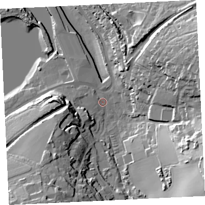 Shaded relief map of the ground around TR274HH, computed from Environment Agency LiDAR. The ground here sits at about 5 m above sea level and falls 40 m across the surrounding 800 m. Surface water reaching this point runs off ground lying to the south-east, 35.1 m higher.