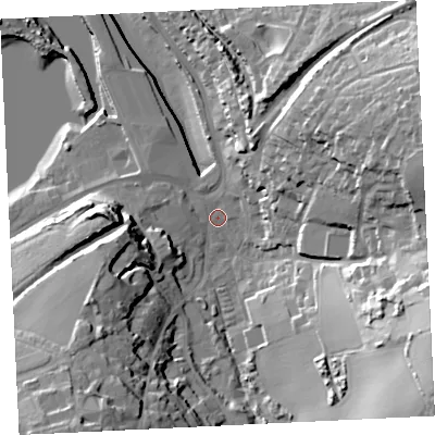 Shaded relief map of the ground around TR274HJ, computed from Environment Agency LiDAR. The ground here sits at about 4 m above sea level and falls 43 m across the surrounding 800 m. Surface water reaching this point runs off ground lying to the south-east, 38.0 m higher.