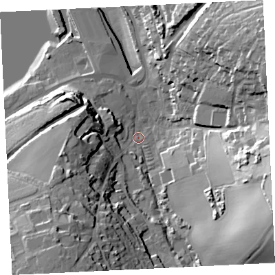 Shaded relief map of the ground around TR274HL, computed from Environment Agency LiDAR. The ground here sits at about 4 m above sea level and falls 41 m across the surrounding 800 m. Surface water reaching this point runs off ground lying to the east-south-east, 35.9 m higher.