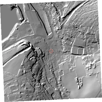 Shaded relief map of the ground around TR274HQ, computed from Environment Agency LiDAR. The ground here sits at about 4 m above sea level and falls 42 m across the surrounding 800 m. Surface water reaching this point runs off ground lying to the south-east, 36.9 m higher.