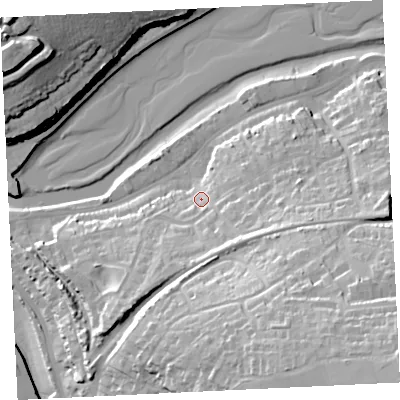 Shaded relief map of the ground around TR274JU, computed from Environment Agency LiDAR. The ground here sits at about 8 m above sea level and falls 44 m across the surrounding 800 m. Surface water reaching this point runs off ground lying to the south-south-east, 13.6 m higher.