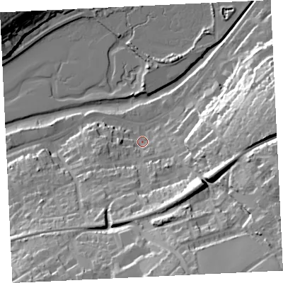 Shaded relief map of the ground around TR274LP, computed from Environment Agency LiDAR. The ground here sits at about 6 m above sea level and falls 42 m across the surrounding 800 m. Surface water reaching this point runs off ground lying to the south-east, 21.8 m higher.
