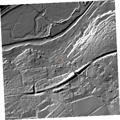 Shaded relief map of the ground around TR274LS, computed from Environment Agency LiDAR. The ground here sits at about 9 m above sea level and falls 44 m across the surrounding 800 m. Surface water reaching this point runs off ground lying to the south-east, 37.2 m higher.