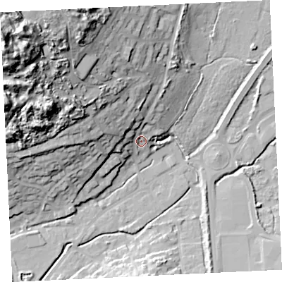 Shaded relief map of the ground around TR274NZ, computed from Environment Agency LiDAR. The ground here sits at about 9 m above sea level and falls 69 m across the surrounding 800 m. Surface water reaching this point runs off ground lying to the north-west, 62.3 m higher.