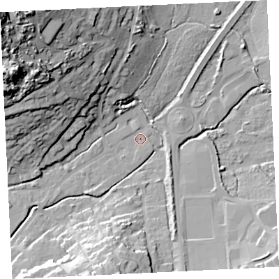Shaded relief map of the ground around TR274PN, computed from Environment Agency LiDAR. The ground here sits at about 5 m above sea level and falls 53 m across the surrounding 800 m. Surface water reaching this point runs off ground lying to the north-north-west, 20.3 m higher.