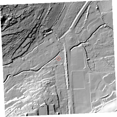 Shaded relief map of the ground around TR274PS, computed from Environment Agency LiDAR. The ground here sits at about 5 m above sea level and falls 43 m across the surrounding 800 m. Surface water reaching this point runs off ground lying to the south-east, 32.9 m higher.