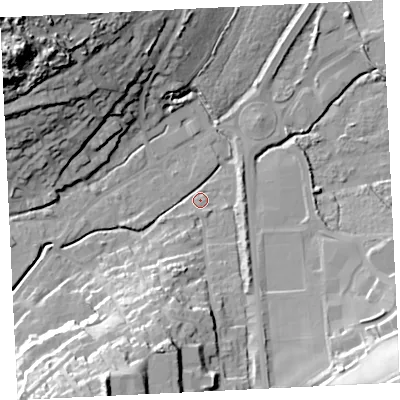 Shaded relief map of the ground around TR274PW, computed from Environment Agency LiDAR. The ground here sits at about 5 m above sea level and falls 44 m across the surrounding 800 m. Surface water reaching this point runs off ground lying to the south-south-west, 23.5 m higher.
