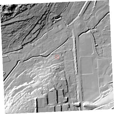 Shaded relief map of the ground around TR274PX, computed from Environment Agency LiDAR. The ground here sits at about 6 m above sea level and falls 44 m across the surrounding 800 m. Surface water reaching this point runs off ground lying to the south-south-east, 2.4 m higher.