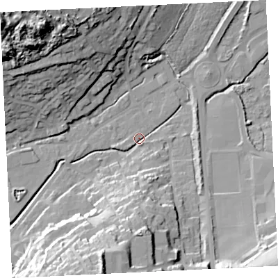 Shaded relief map of the ground around TR274RB, computed from Environment Agency LiDAR. The ground here sits at about 5 m above sea level and falls 49 m across the surrounding 800 m. Surface water reaching this point runs off ground lying to the south, 27.7 m higher.