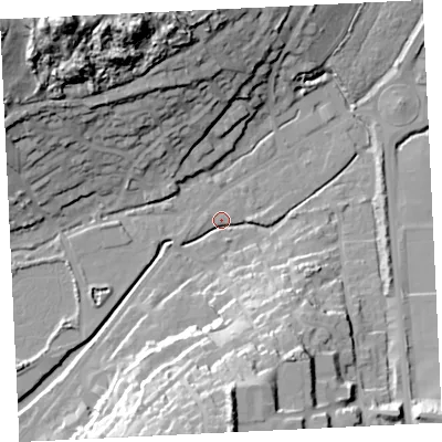 Shaded relief map of the ground around TR274RD, computed from Environment Agency LiDAR. The ground here sits at about 5 m above sea level and falls 52 m across the surrounding 800 m. Surface water reaching this point runs off ground lying to the north-west, 49.6 m higher.