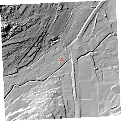 Shaded relief map of the ground around TR274RE, computed from Environment Agency LiDAR. The ground here sits at about 5 m above sea level and falls 50 m across the surrounding 800 m. Surface water reaching this point runs off ground lying to the east, 1.0 m higher.