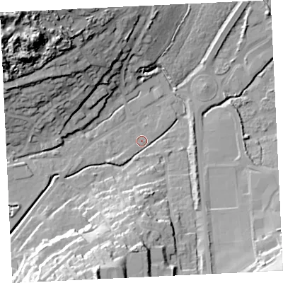 Shaded relief map of the ground around TR274RF, computed from Environment Agency LiDAR. The ground here sits at about 5 m above sea level and falls 49 m across the surrounding 800 m. Surface water reaching this point runs off ground lying to the south, 24.6 m higher.