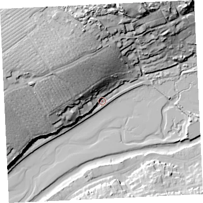 Shaded relief map of the ground around TR275AA, computed from Environment Agency LiDAR. The ground here sits at about 4 m above sea level and falls 46 m across the surrounding 800 m. Surface water reaching this point runs off ground lying to the north-west, 35.9 m higher.