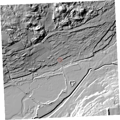 Shaded relief map of the ground around TR275AY, computed from Environment Agency LiDAR. The ground here sits at about 7 m above sea level and falls 57 m across the surrounding 800 m. Surface water reaching this point runs off ground lying to the north-north-west, 53.6 m higher.