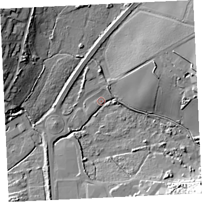 Shaded relief map of the ground around TR275DG, computed from Environment Agency LiDAR. The ground here sits at about 8 m above sea level and falls 28 m across the surrounding 800 m. Surface water reaching this point runs off ground lying to the north-north-east, 3.3 m higher.