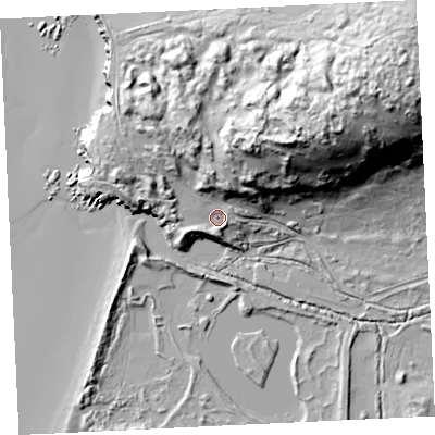 Shaded relief map of the ground around TR275ED, computed from Environment Agency LiDAR. The ground here sits at about 12 m above sea level and falls 73 m across the surrounding 800 m. Surface water reaching this point runs off ground lying to the north-north-east, 36.7 m higher.
