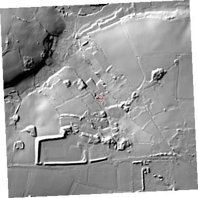 Shaded relief map of the ground around TR275ET, computed from Environment Agency LiDAR. The ground here sits at about 65 m above sea level and falls 50 m across the surrounding 800 m. Surface water reaching this point runs off ground lying to the south-south-east, 25.4 m higher.
