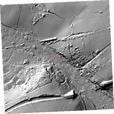 Shaded relief map of the ground around TR275GY, computed from Environment Agency LiDAR. The ground here sits at about 12 m above sea level and falls 58 m across the surrounding 800 m. Surface water reaching this point runs off ground lying to the east-north-east, 52.7 m higher.