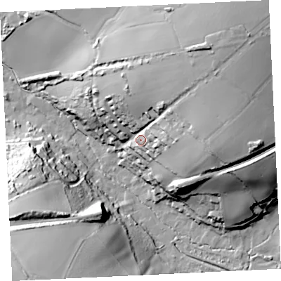 Shaded relief map of the ground around TR275JB, computed from Environment Agency LiDAR. The ground here sits at about 35 m above sea level and falls 60 m across the surrounding 800 m. Surface water reaching this point runs off ground lying to the north-east, 41.1 m higher.