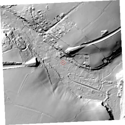 Shaded relief map of the ground around TR275JD, computed from Environment Agency LiDAR. The ground here sits at about 16 m above sea level and falls 55 m across the surrounding 800 m. Surface water reaching this point runs off ground lying to the south-south-west, 48.7 m higher.