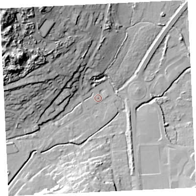 Shaded relief map of the ground around TR275PN, computed from Environment Agency LiDAR. The ground here sits at about 5 m above sea level and falls 60 m across the surrounding 800 m. Surface water reaching this point runs off ground lying to the north-north-west, 25.0 m higher.