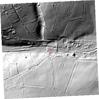 Shaded relief map of the ground around TR276AR, computed from Environment Agency LiDAR. The ground here sits at about 34 m above sea level and falls 61 m across the surrounding 800 m. Surface water reaching this point runs off ground lying to the south-south-west, 56.9 m higher.