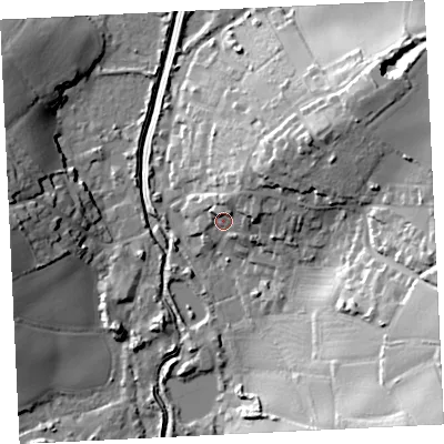 Shaded relief map of the ground around TR276HP, computed from Environment Agency LiDAR. The ground here sits at about 9 m above sea level and falls 38 m across the surrounding 800 m. Surface water reaching this point runs off ground lying to the north-east, 12.2 m higher.