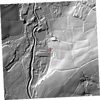 Shaded relief map of the ground around TR276HS, computed from Environment Agency LiDAR. The ground here sits at about 5 m above sea level and falls 43 m across the surrounding 800 m. Surface water reaching this point runs off ground lying to the east-south-east, 38.3 m higher.