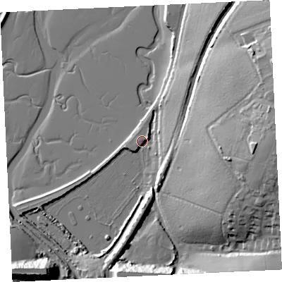 Shaded relief map of the ground around TR276JF, computed from Environment Agency LiDAR. The ground here sits at about 5 m above sea level and falls 31 m across the surrounding 800 m. Surface water reaching this point runs off ground lying to the east-north-east, 4.2 m higher.