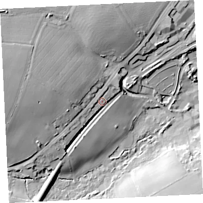 Shaded relief map of the ground around TR276JN, computed from Environment Agency LiDAR. The ground here sits at about 23 m above sea level and falls 39 m across the surrounding 800 m. Surface water reaching this point runs off ground lying to the south-west, 9.1 m higher.