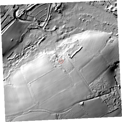 Shaded relief map of the ground around TR276JP, computed from Environment Agency LiDAR. The ground here sits at about 18 m above sea level and falls 31 m across the surrounding 800 m. Surface water reaching this point runs off ground lying to the south-south-west, 13.0 m higher.