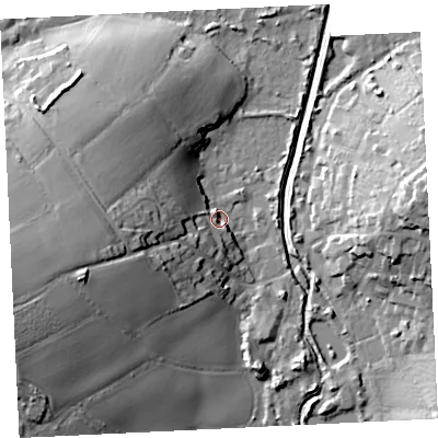 Shaded relief map of the ground around TR276JT, computed from Environment Agency LiDAR. The ground here sits at about 4 m above sea level and falls 27 m across the surrounding 800 m. Surface water reaching this point runs off ground lying to the west-south-west, 25.7 m higher.