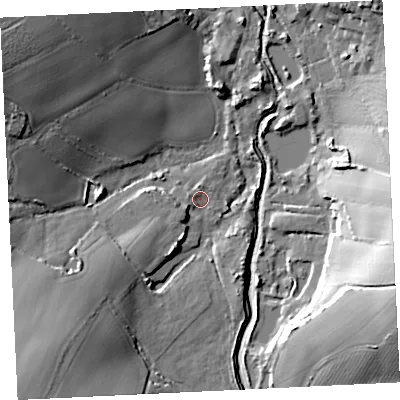 Shaded relief map of the ground around TR276JU, computed from Environment Agency LiDAR. The ground here sits at about 5 m above sea level and falls 28 m across the surrounding 800 m. Surface water reaching this point runs off ground lying to the south-west, 3.7 m higher.