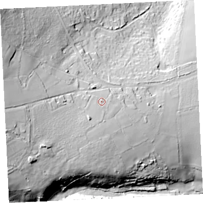 Shaded relief map of the ground around TR276LL, computed from Environment Agency LiDAR. The ground here sits at about 69 m above sea level and falls 65 m across the surrounding 800 m. Surface water reaching this point runs off ground lying to the west-south-west, 27.1 m higher.