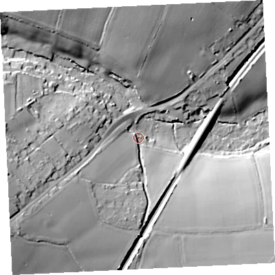 Shaded relief map of the ground around TR276LU, computed from Environment Agency LiDAR. The ground here sits at about 25 m above sea level and falls 41 m across the surrounding 800 m. Surface water reaching this point runs off ground lying to the south-west, 33.1 m higher.