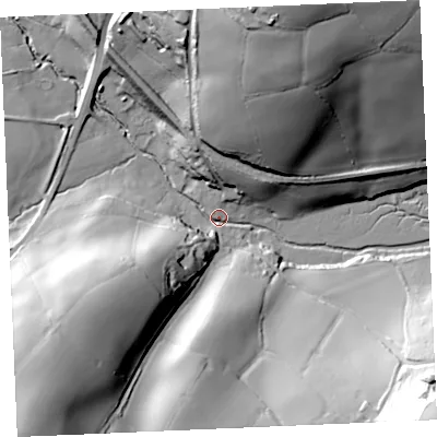 Shaded relief map of the ground around TR36AA, computed from Environment Agency LiDAR. The ground here sits at about 4 m above sea level and falls 69 m across the surrounding 800 m. Surface water reaching this point runs off ground lying to the north-north-east, 63.8 m higher.